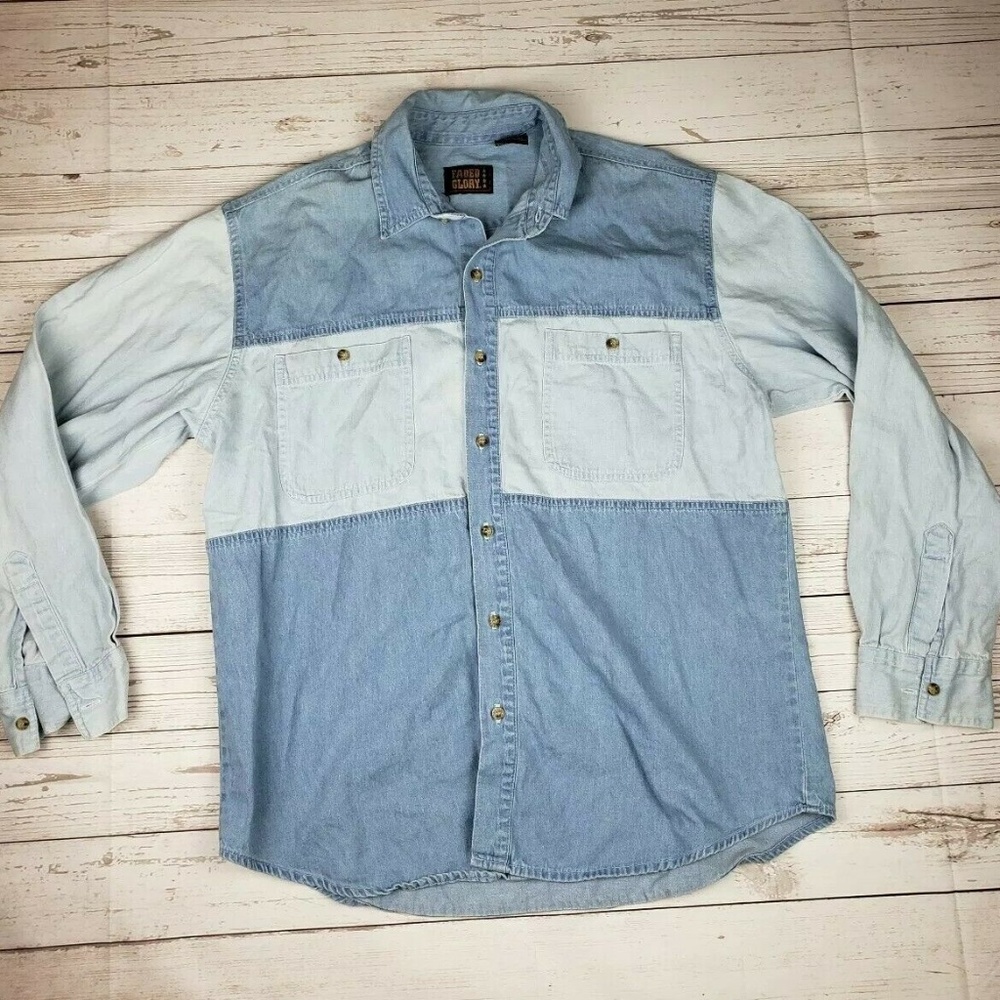 Vintage 90s Mens Shirt Denim Color Block 2 Tone L